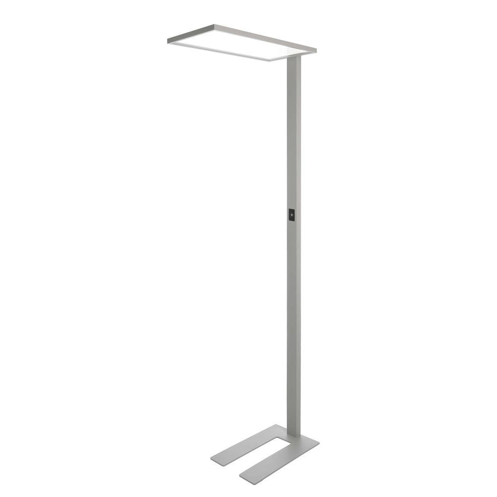 Lampadaire de bureau argenté avec tête rectangulaire plate et base en U.