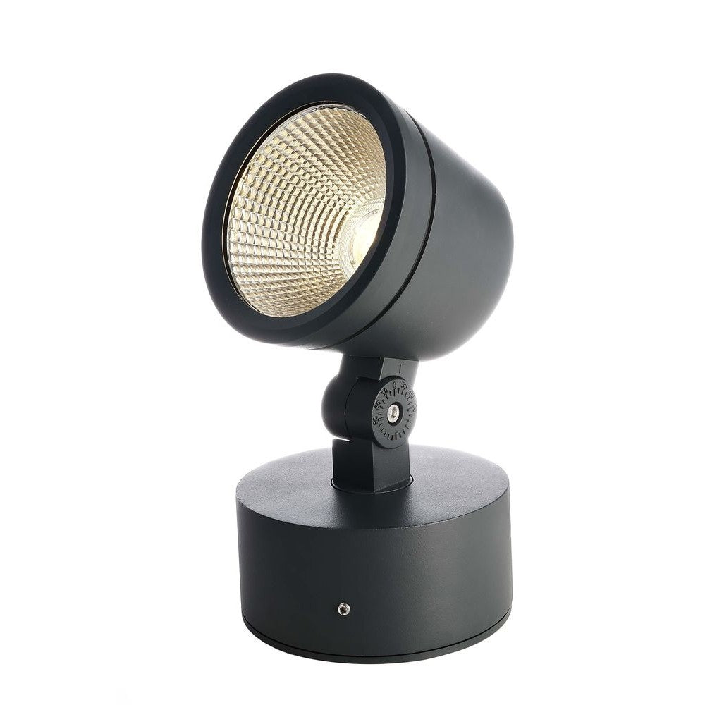 Applique extérieure noire de face, spot orientable et base cylindrique.