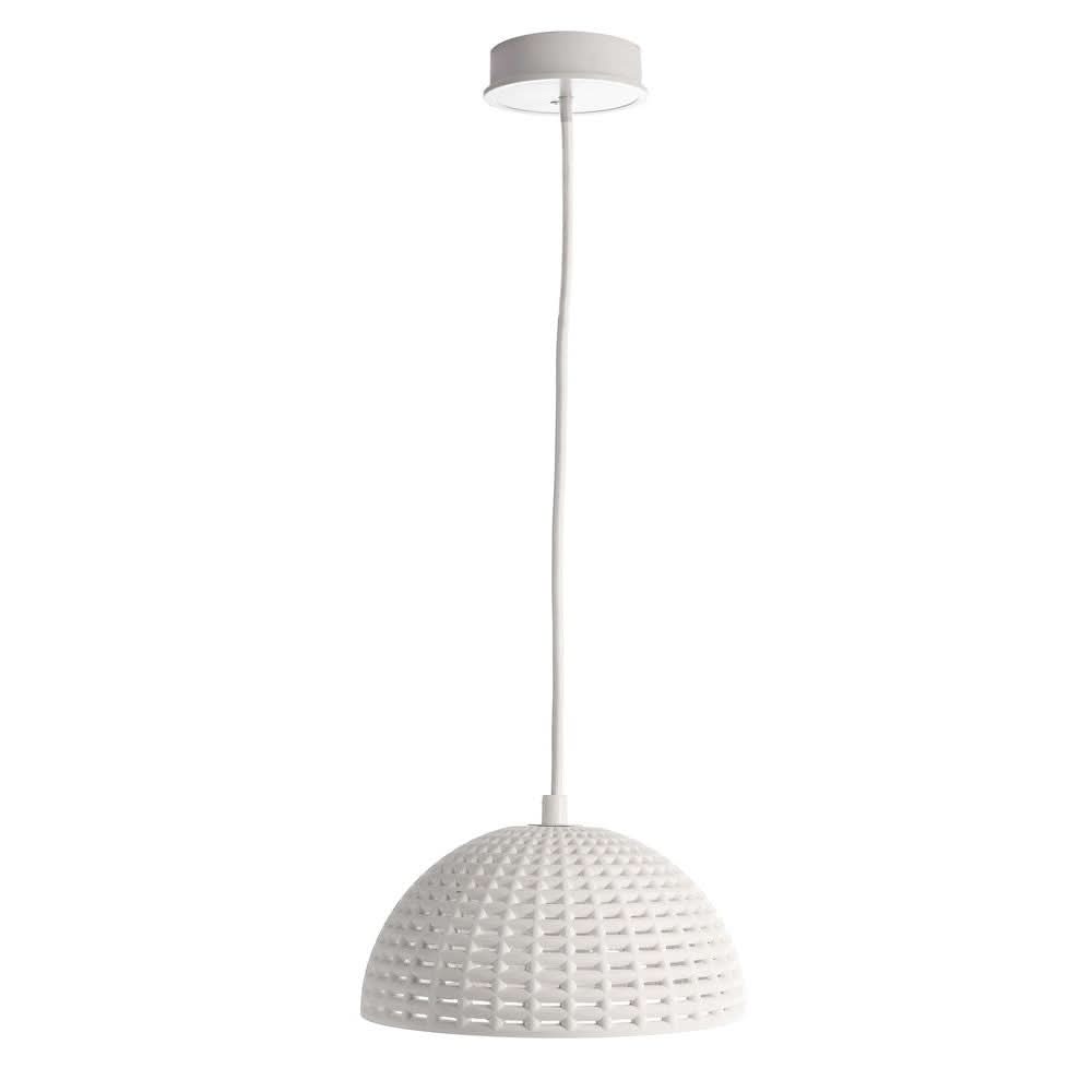 Suspension blanche en plâtre, abat-jour en dôme au motif tressé, vue produit de face.