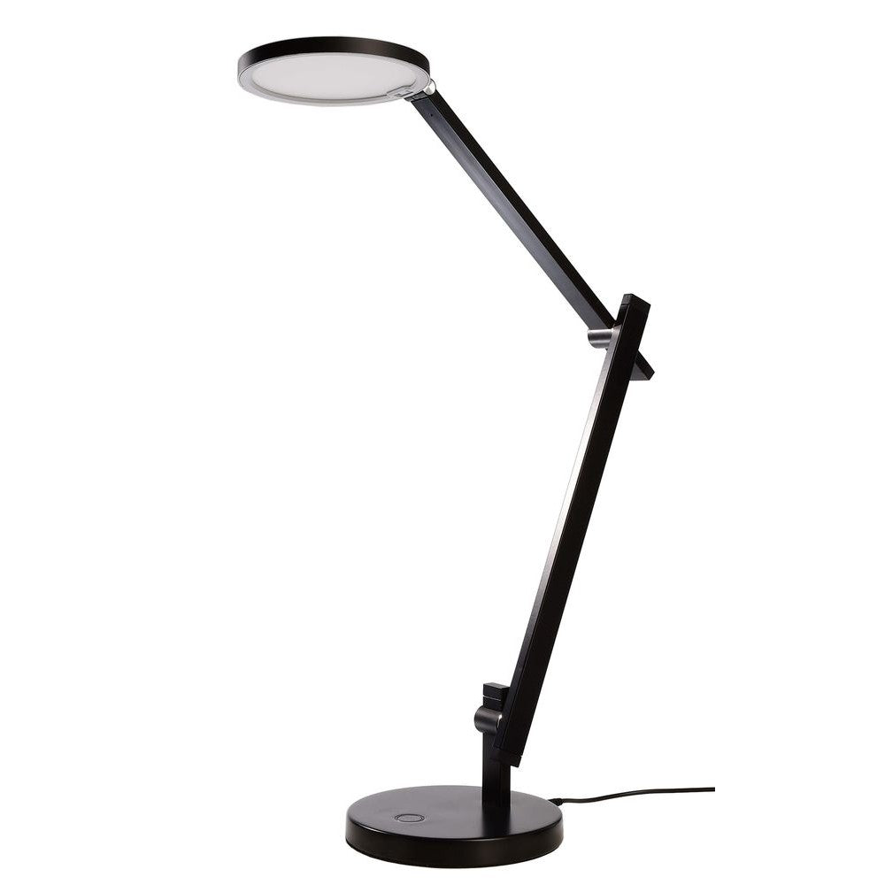 Lampe à poser noire articulée, tête ronde et base circulaire, vue de profil.