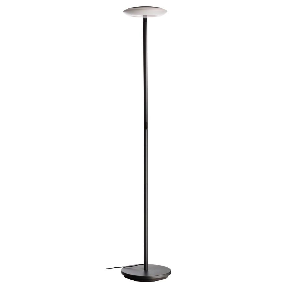 Lampadaire noir et gris de face sur fond blanc, tige fine et base ronde.