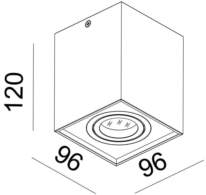 Schéma coté du spot cubique : hauteur 120 mm et base 96 par 96 mm.