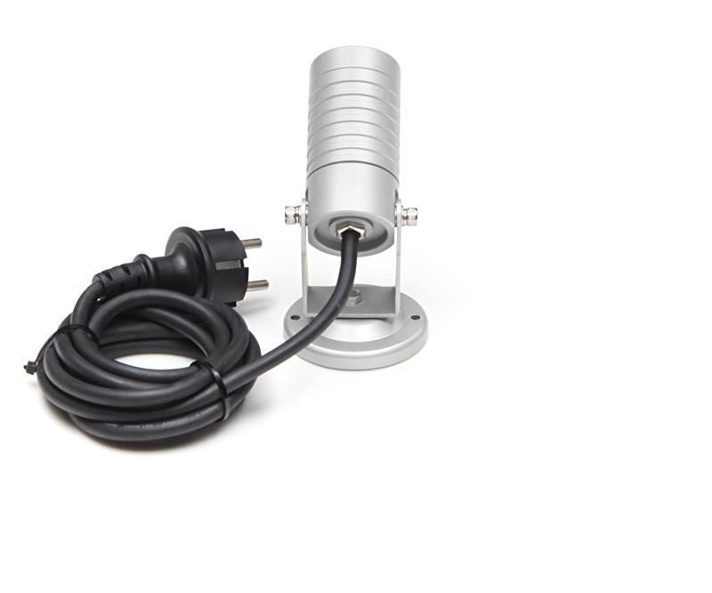 Dos du luminaire argenté, câble d’alimentation noir enroulé et connecteur visible