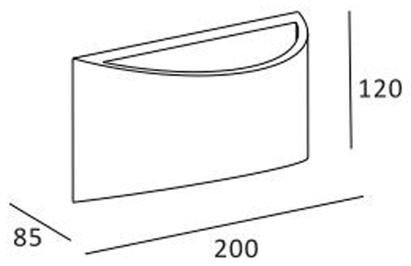 Schéma coté de l'applique : 200 mm de large, 120 mm de haut, 85 mm de profondeur.