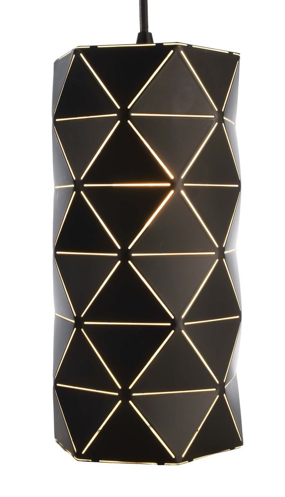 Détail rapproché de l’abat-jour noir ajouré de motifs triangulaires lumineux.