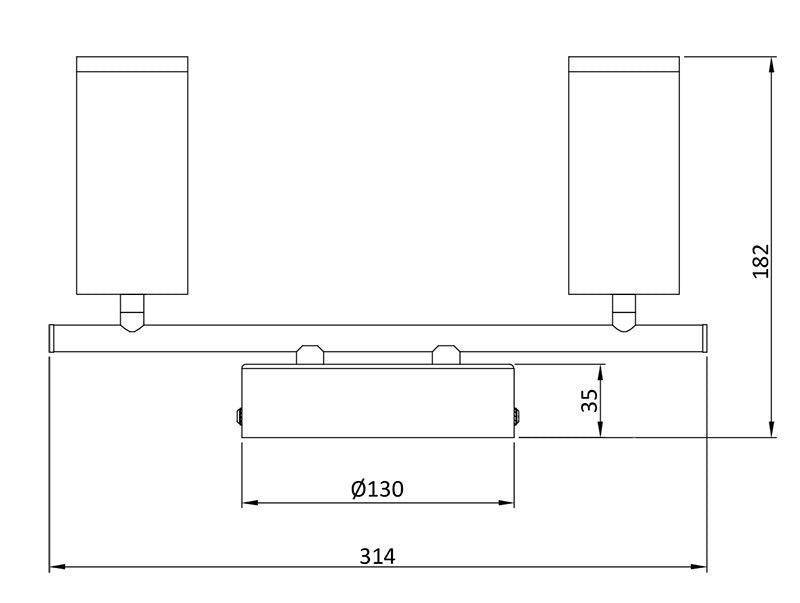 Schéma de dimensions du plafonnier : largeur 314 mm, hauteur 182 mm, base Ø130 mm