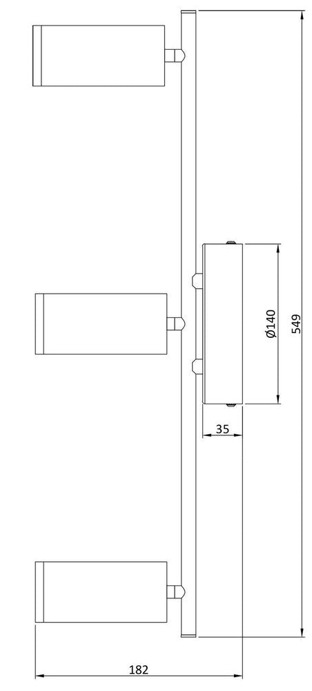 Schéma coté du plafonnier : longueur 549 mm, diamètre du socle 140 mm et profondeur 182 mm.