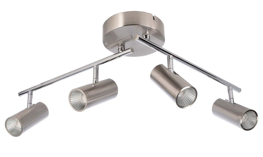Second angle du luminaire montrant les bras tubulaires et les quatre têtes cylindriques.