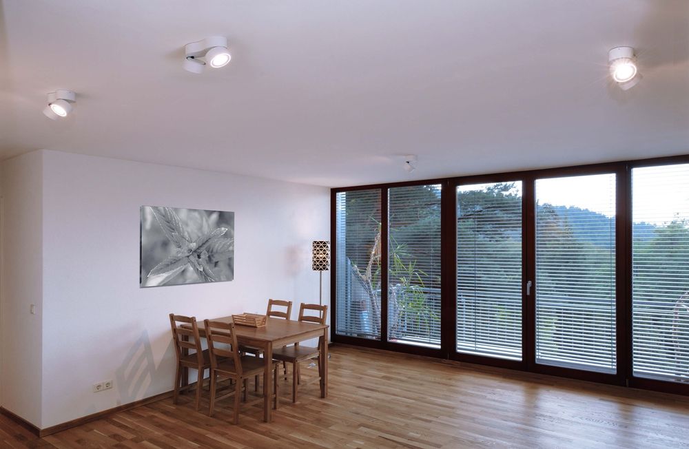 Mise en ambiance dans un séjour, spots blancs fixés au plafond.