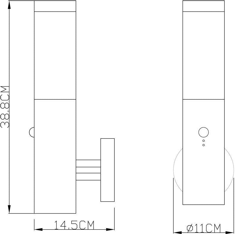 Schéma technique coté avec hauteur 38,8 cm, profondeur 14,5 cm et diamètre 11 cm.
