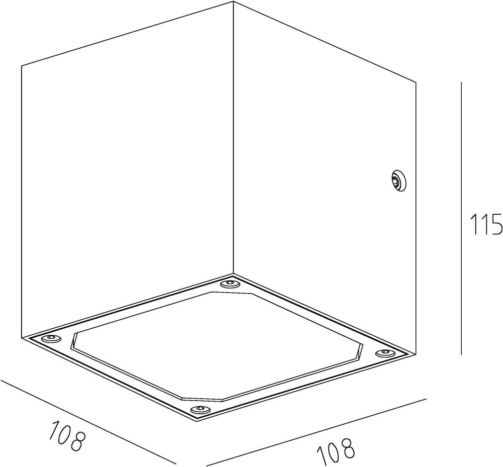 Schéma technique coté du luminaire : 108 mm de large et 115 mm de haut.