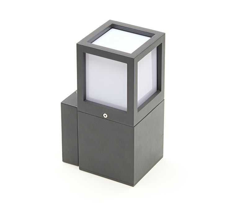 Vue de trois quarts du luminaire éteint, cadre anthracite et diffuseur opale