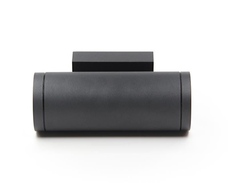 Vue de dessus de l'applique cylindrique noire avec son support mural rectangulaire.