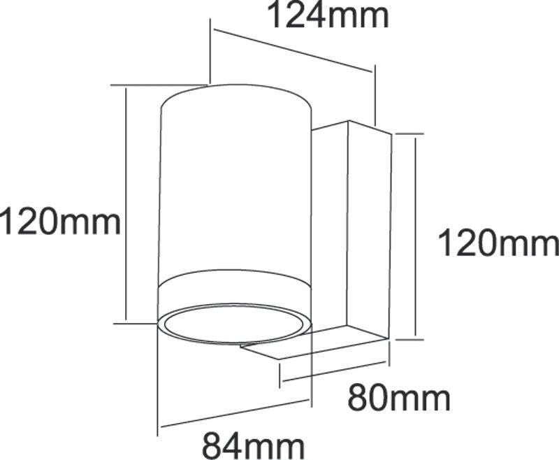 Schéma coté : 124 mm de large, 120 mm de haut, 80 mm de profondeur.
