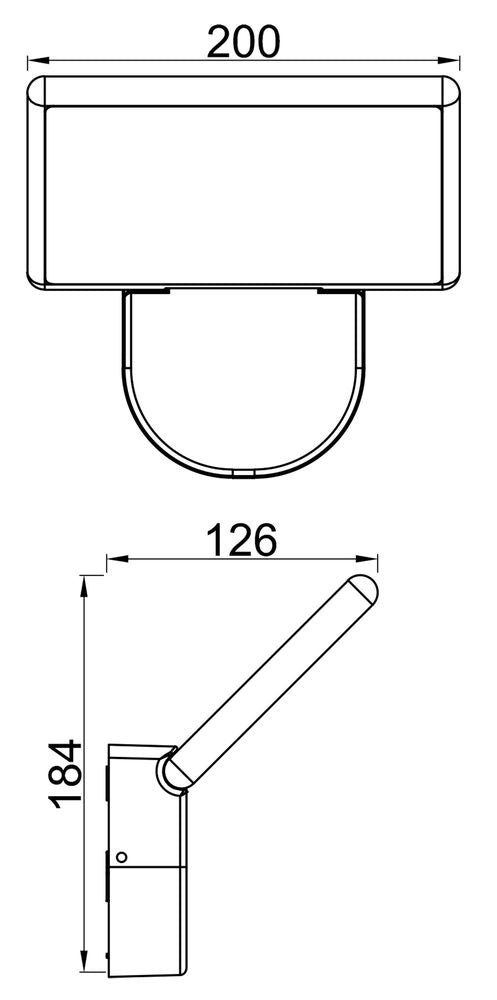 Schéma technique coté de l'applique, largeur 200 mm, hauteur 184 mm et profondeur 126 mm.