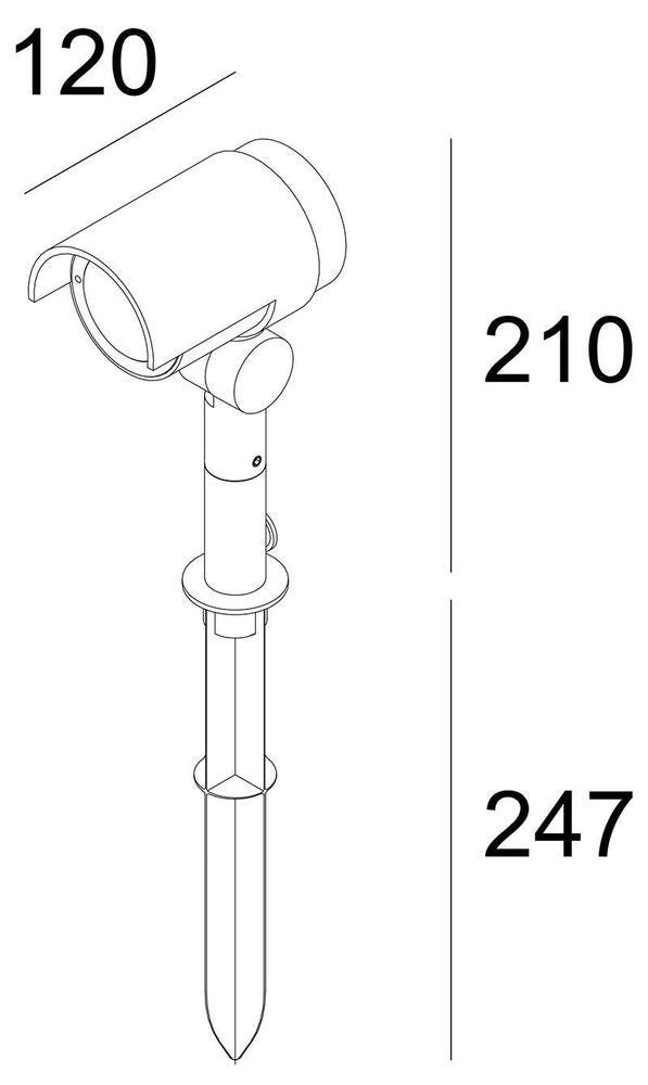 Schéma technique avec dimensions du projecteur et longueur du piquet de fixation.