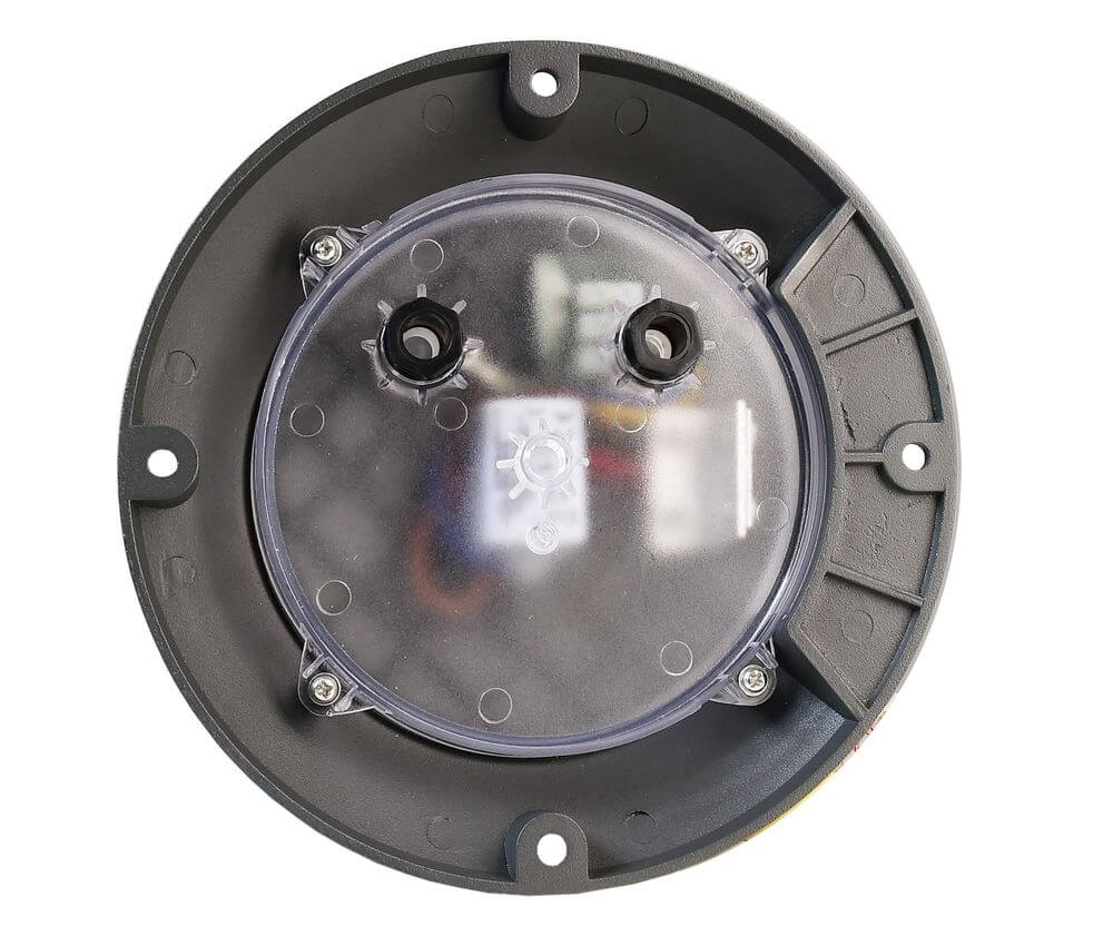Dos de l'applique montrant le boîtier rond, les fixations et le cache transparent.