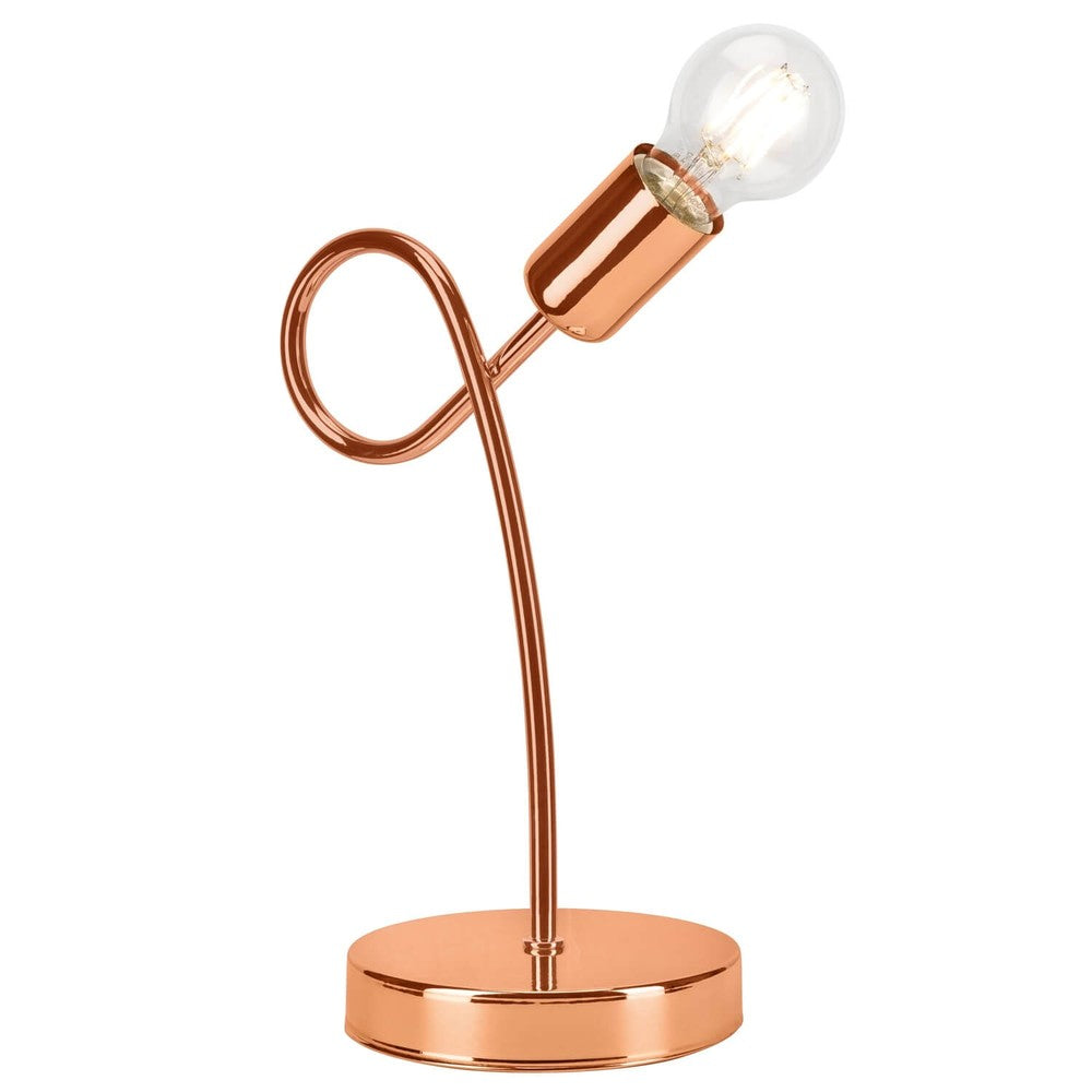 Lampe à poser cuivrée avec pied en boucle et ampoule apparente sur fond blanc