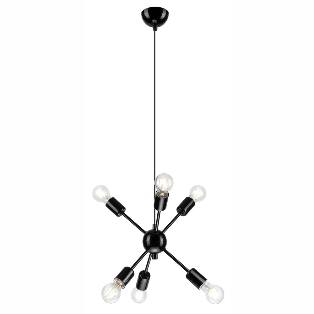 Suspension noire complète sur fond blanc, câble vertical, sphère centrale et six bras rayonnants.