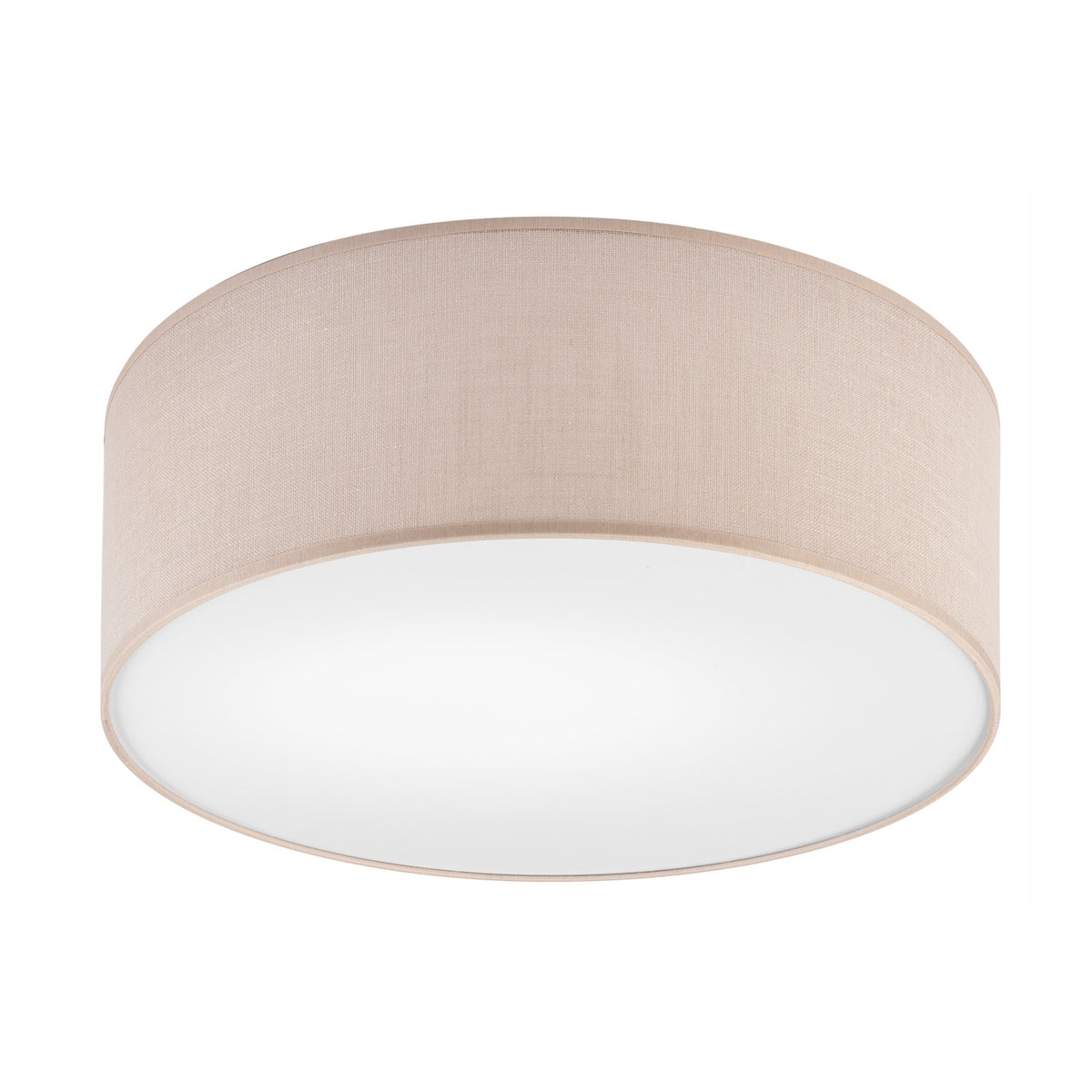 Plafonnier rond en tissu beige vu de face sur fond blanc