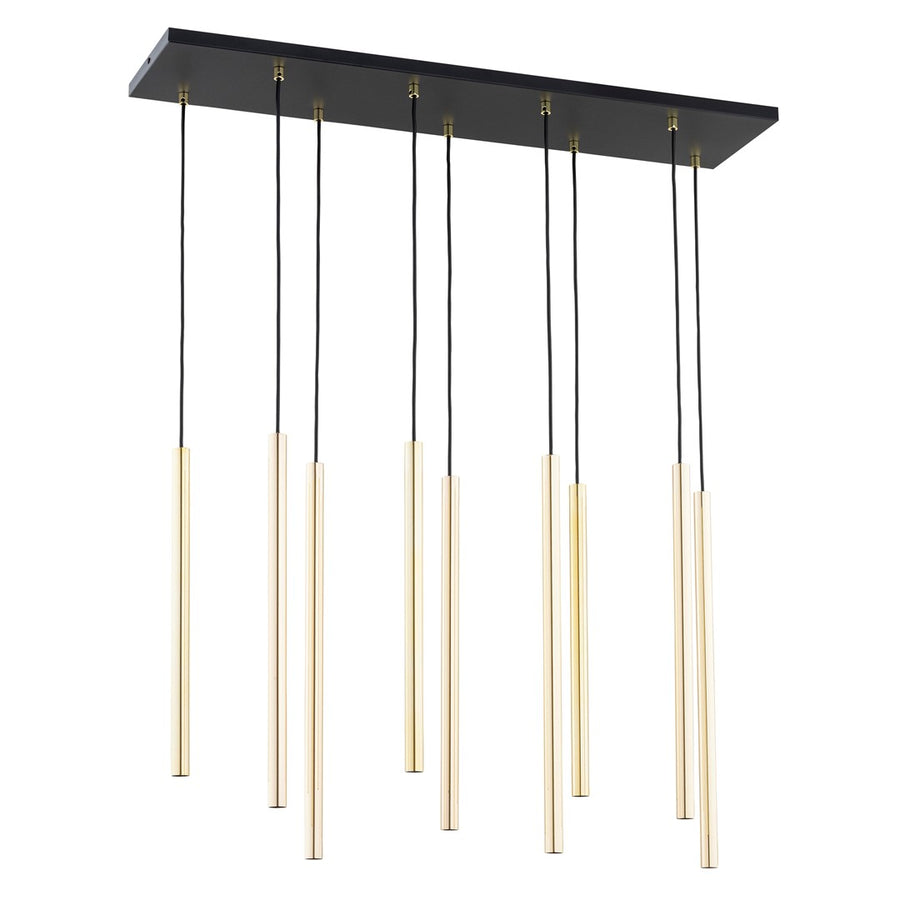 Même suspension dorée présentée de face, mettant en avant les neuf cylindres et leurs câbles noirs.