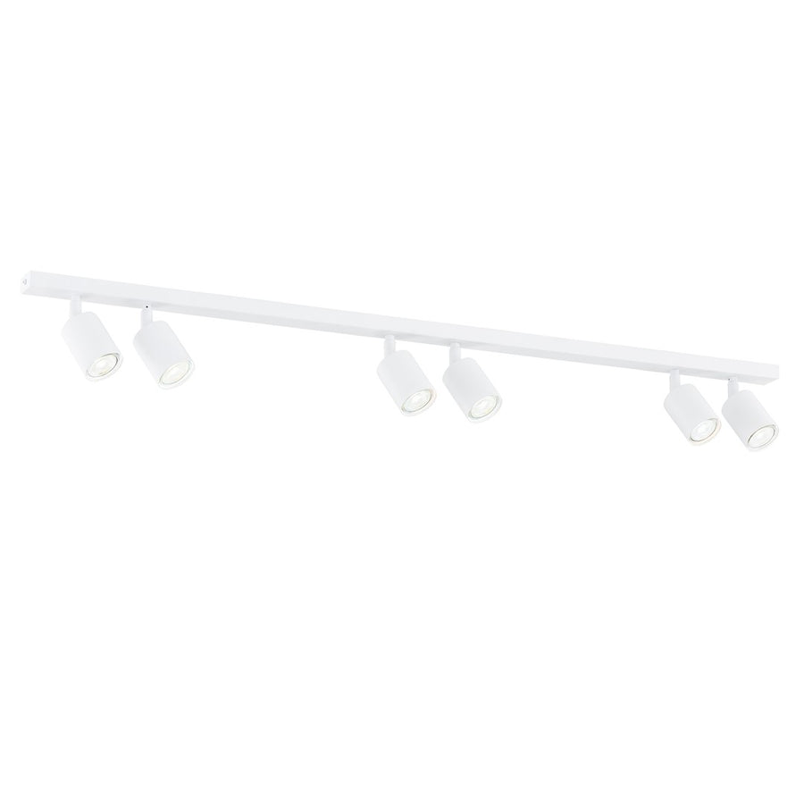 Spot blanc six lumières vu de face, barre longue et projecteurs cylindriques orientables.