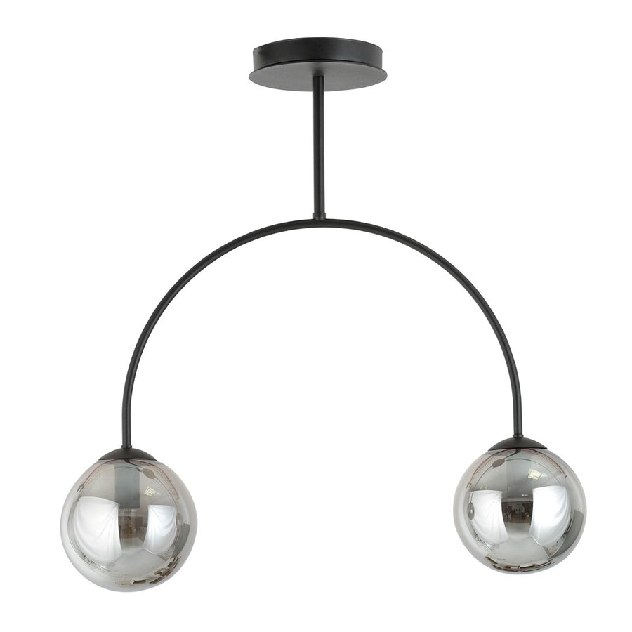 Vue de face identique du luminaire, détail des globes en verre et de l'arche noire.