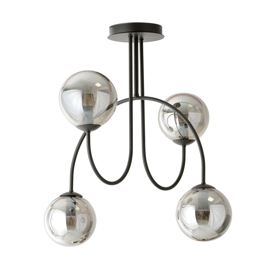 Autre angle du plafonnier montrant les quatre globes et les bras métalliques noirs recourbés