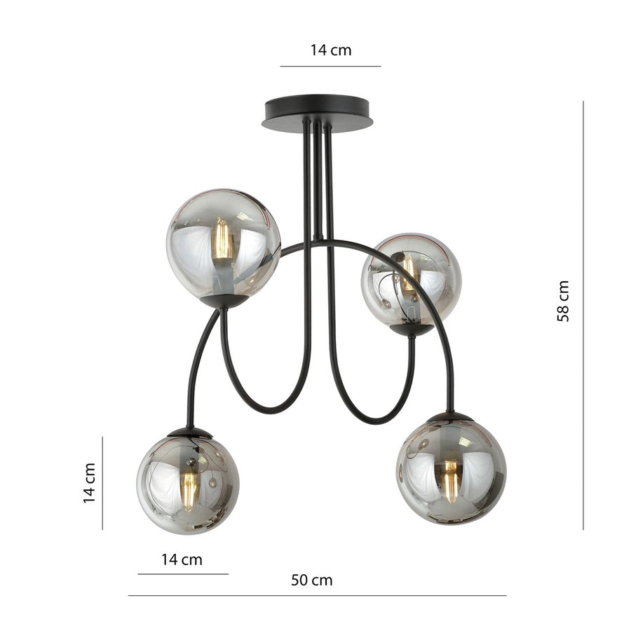 Schéma coté : largeur 50 cm, hauteur 58 cm et globes de 14 cm