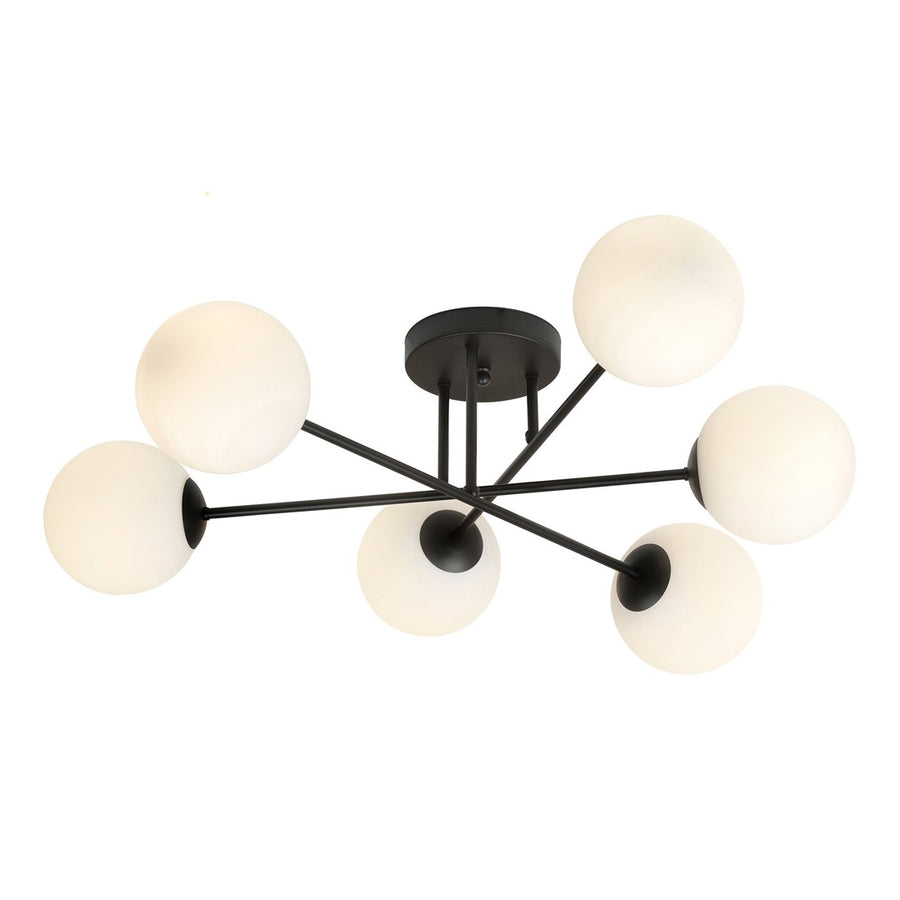 Second angle du luminaire seul, globes opale et bras métalliques noirs bien visibles.