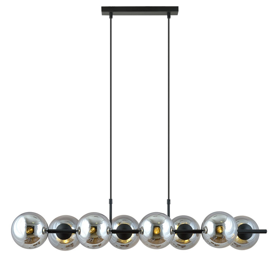 Suspension linéaire noire à huit globes en verre fumé, vue de face sur fond blanc.