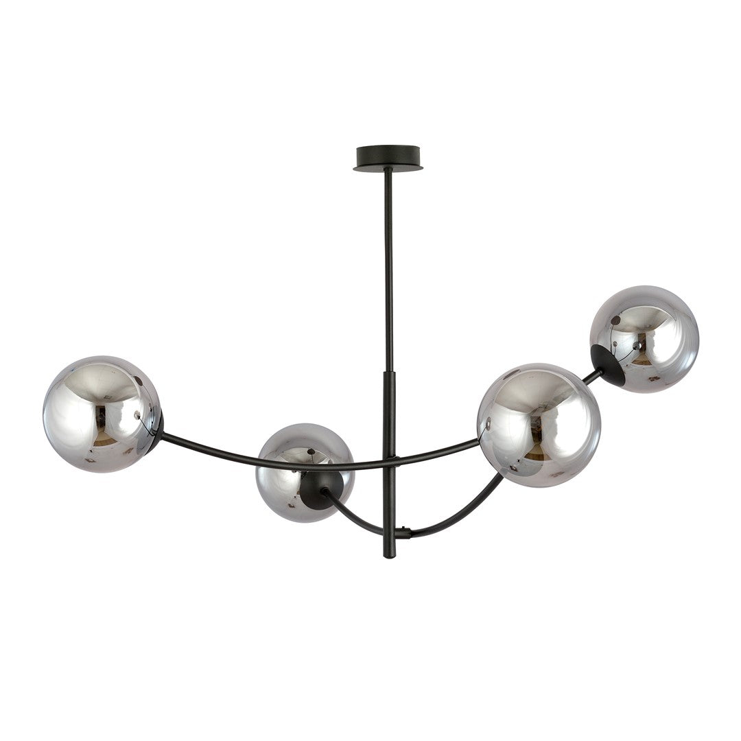 Vue produit de face du luminaire, bras courbes noirs et sphères argentées réfléchissantes.