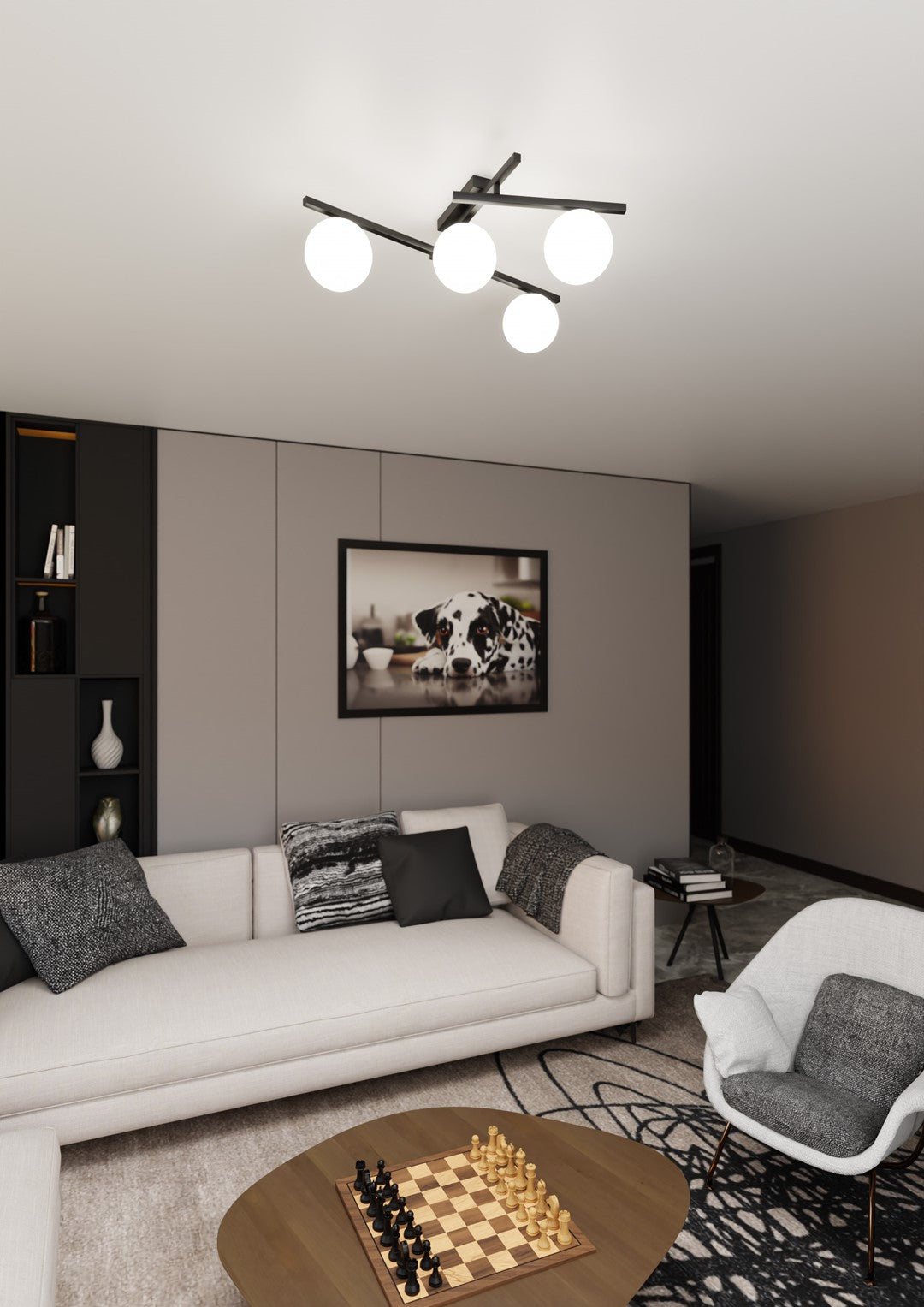 Mise en ambiance dans un salon moderne avec canapé clair et table d’échecs