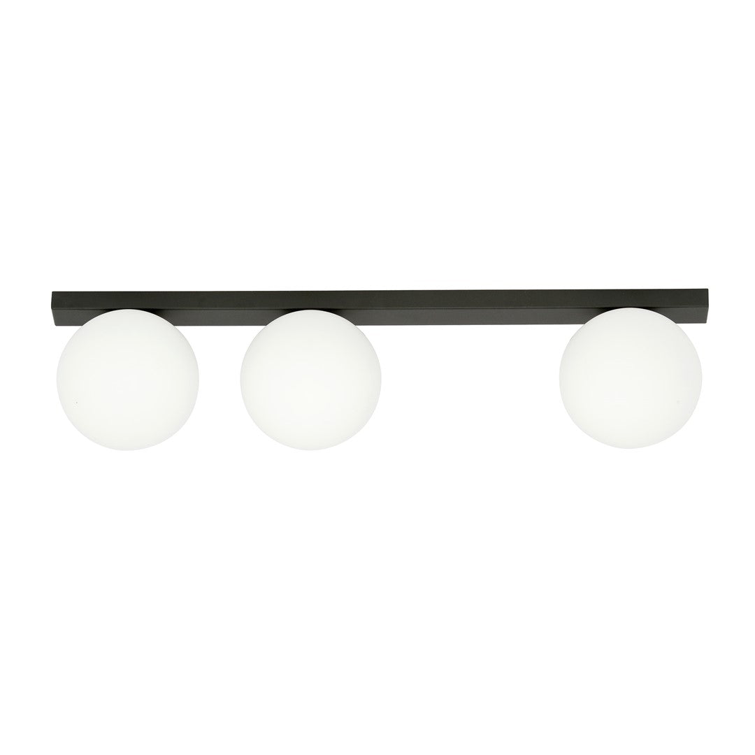 Plafonnier noir à trois globes opale, vue de face sur fond blanc