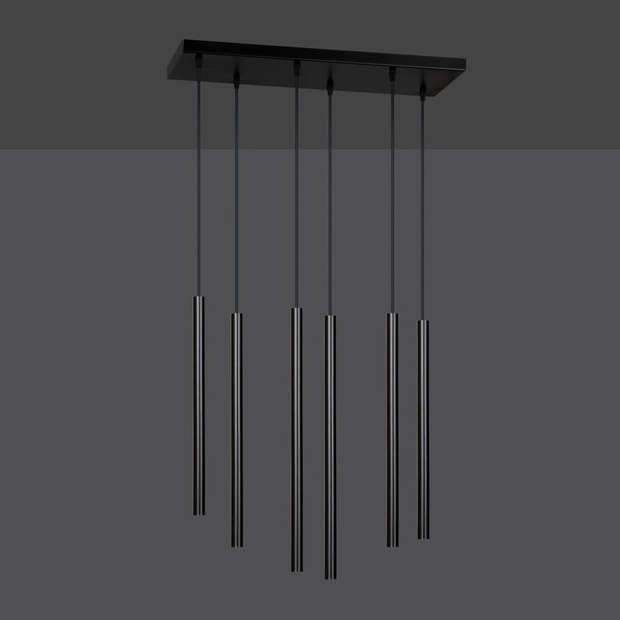 Vue de face du luminaire noir à six tubes suspendus, présenté sur fond gris anthracite.