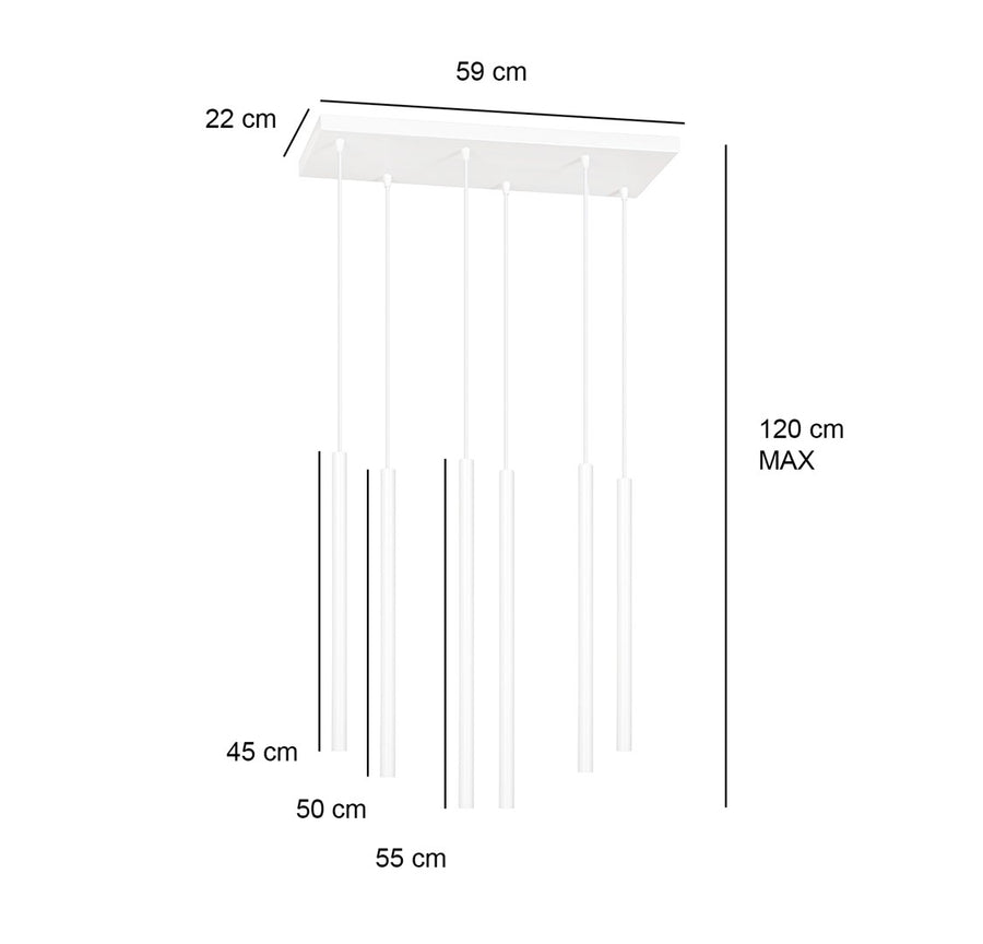 Schéma de dimensions du luminaire avec largeur, hauteur maximale et longueur des tubes.