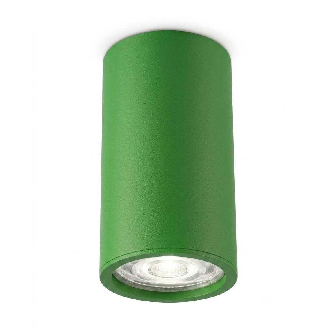 Spot cylindrique vert de face, diffuseur lumineux visible sous le boîtier.