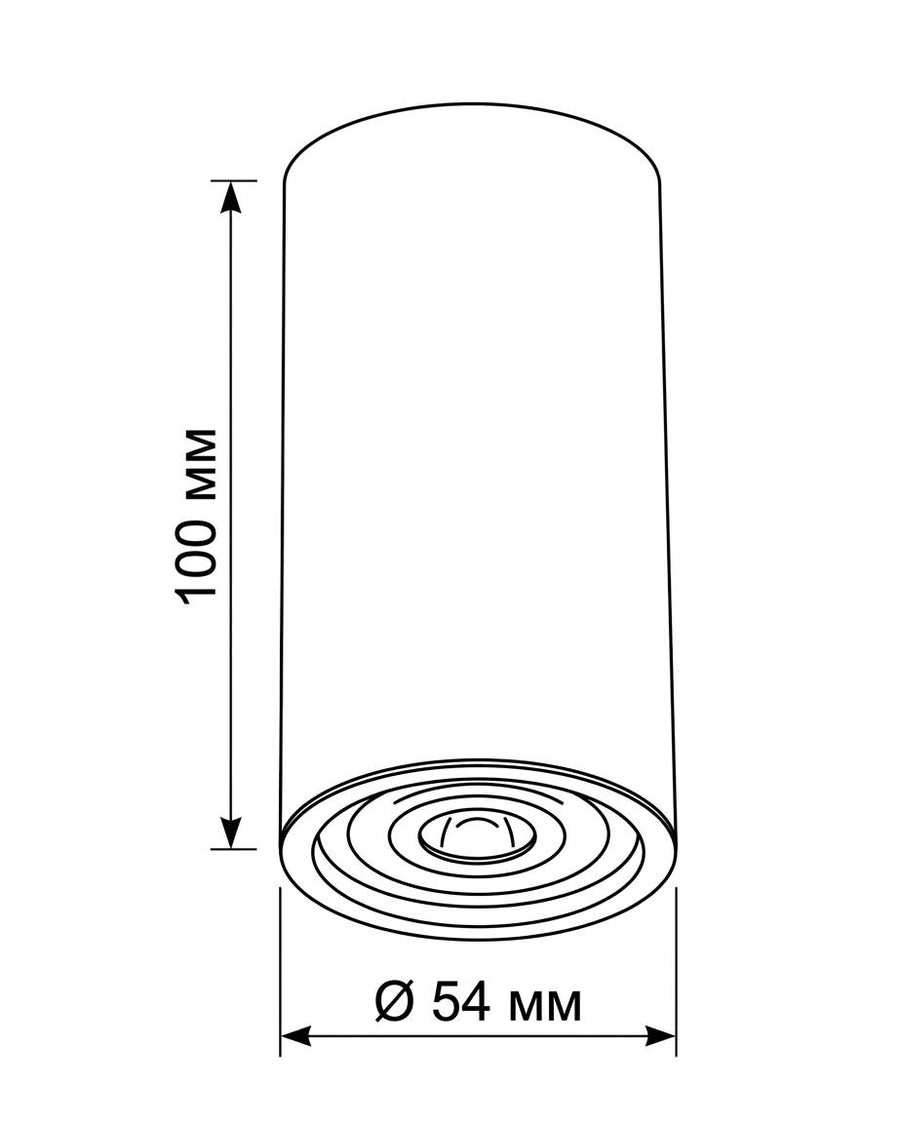 Schéma coté du spot : hauteur 100 mm et diamètre 54 mm.