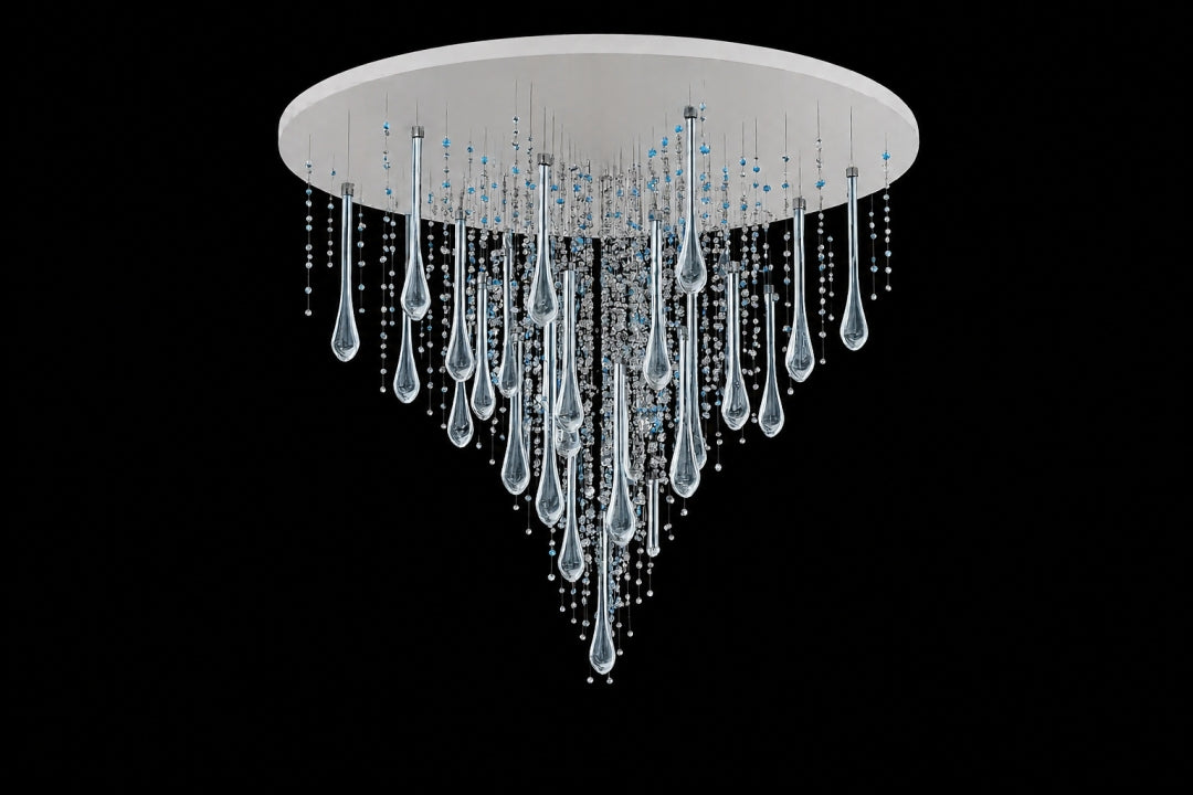 Plafonnier rond vu de face avec cascade de gouttes en verre bleu transparent