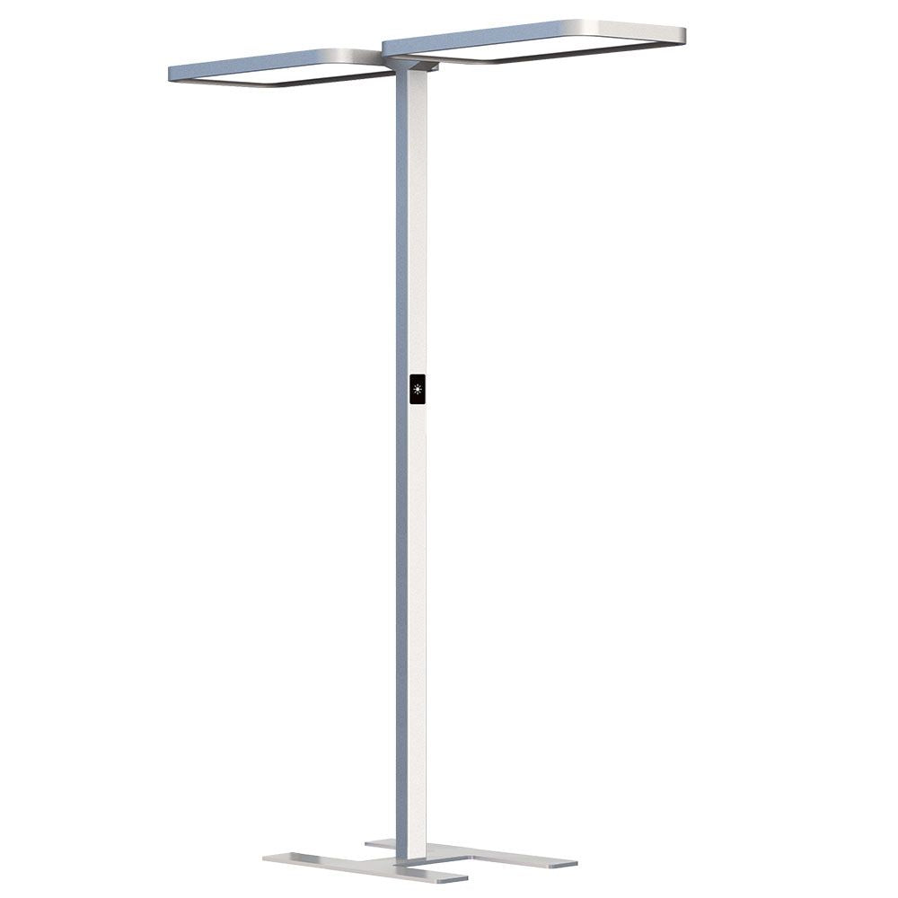 Lampadaire gris à double tête rectangulaire et pied en croix, vue de face