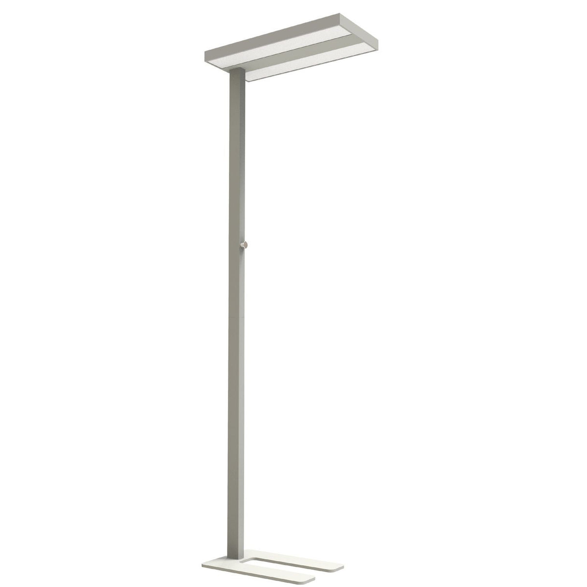 Lampadaire argenté design contemporain avec tête LED rectangulaire et fût vertical.