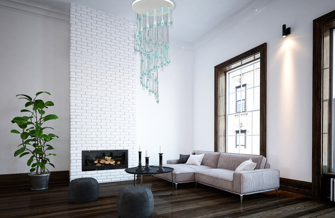 Mise en ambiance du luminaire suspendu dans un salon blanc contemporain