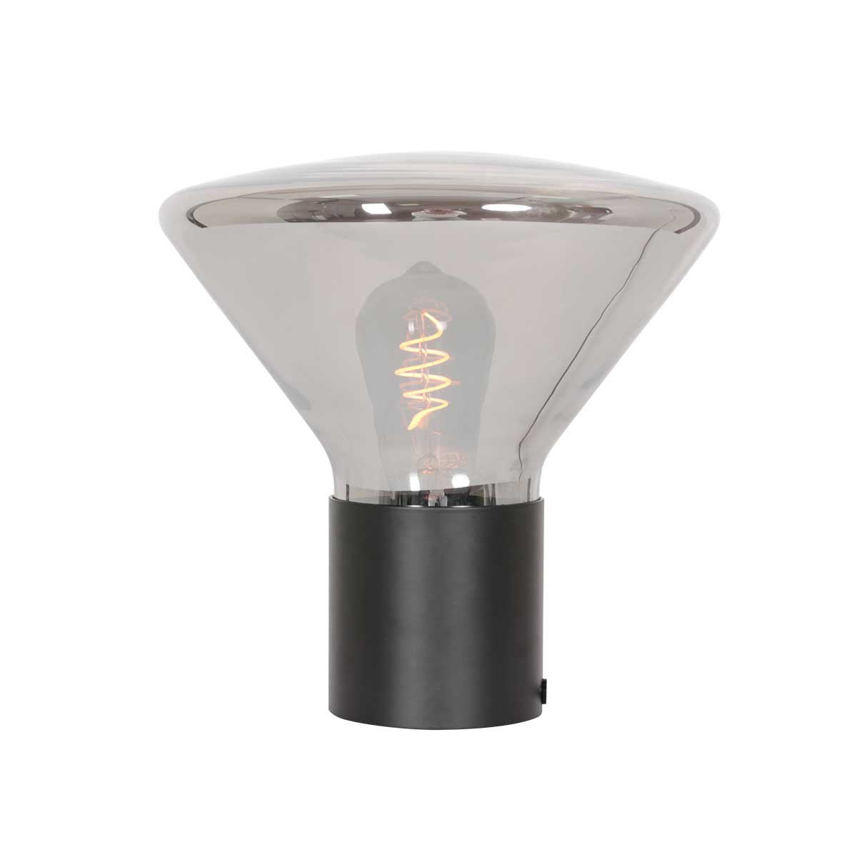 Lampe à poser de face, abat-jour en verre fumé transparent et socle cylindrique noir