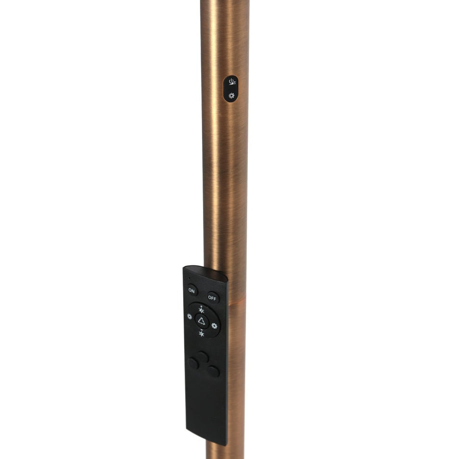 Détail du fût avec télécommande noire fixée et bouton tactile intégré.