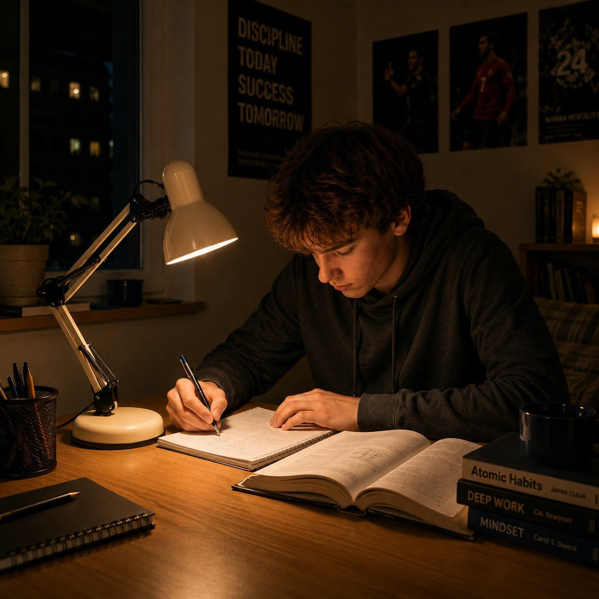 Jeune homme étudiant à son bureau, éclairé par la lampe posée à gauche.