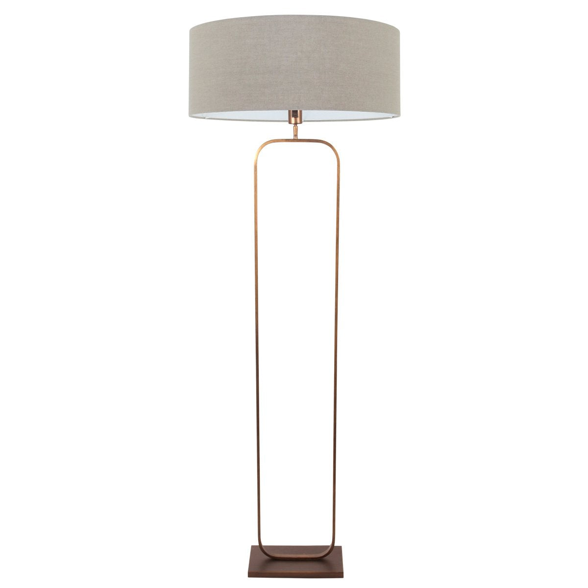 Lampadaire complet de face sur fond blanc, abat-jour cylindrique beige et pied en arche.