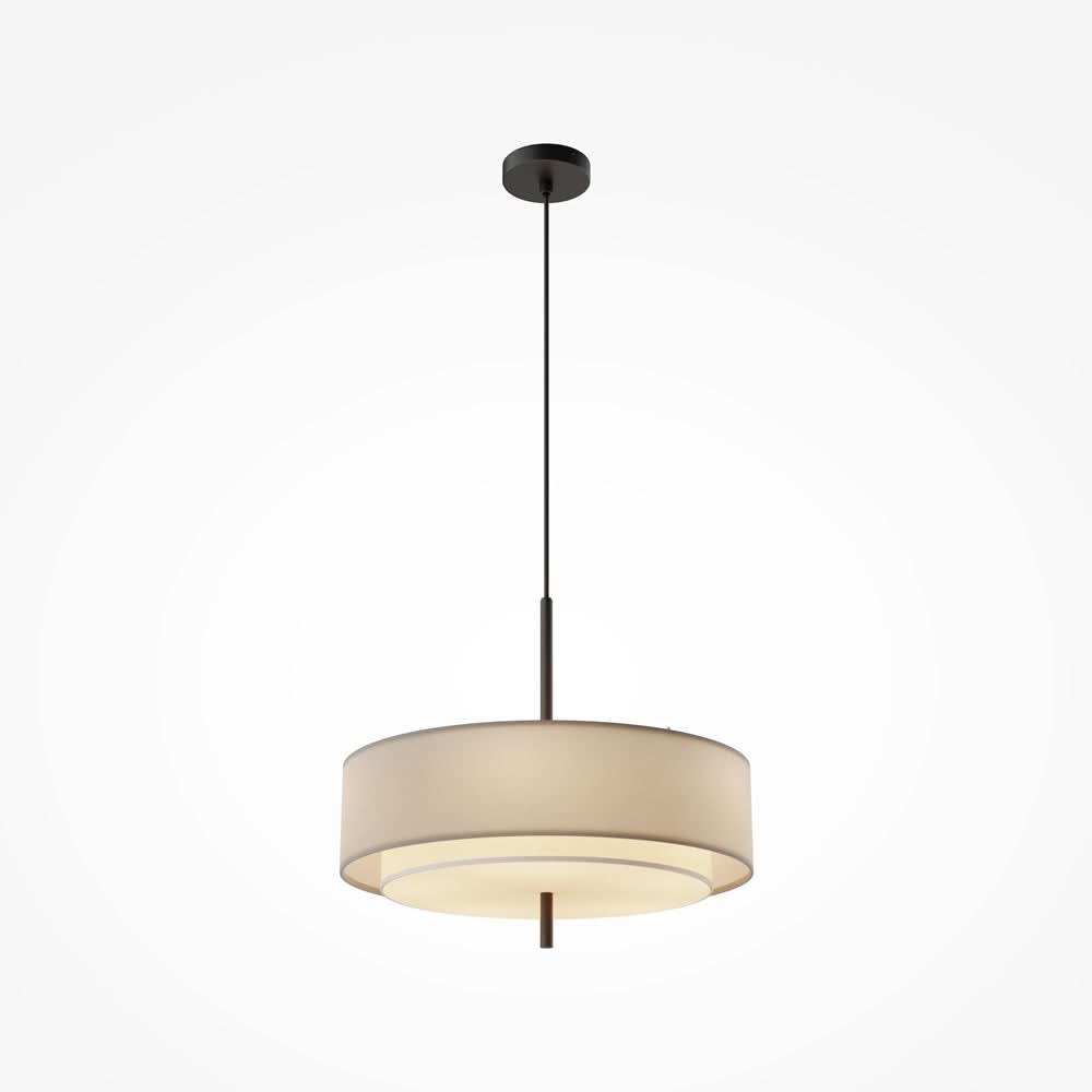 Suspension noire vue de face avec abat-jour cylindrique beige et câble central