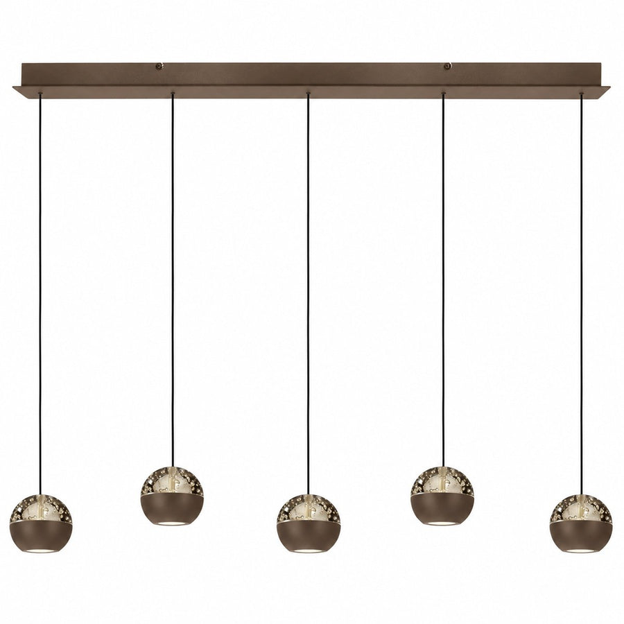 Suspension cinq lumières marron, barre rectangulaire et cinq globes espacés, vue de face