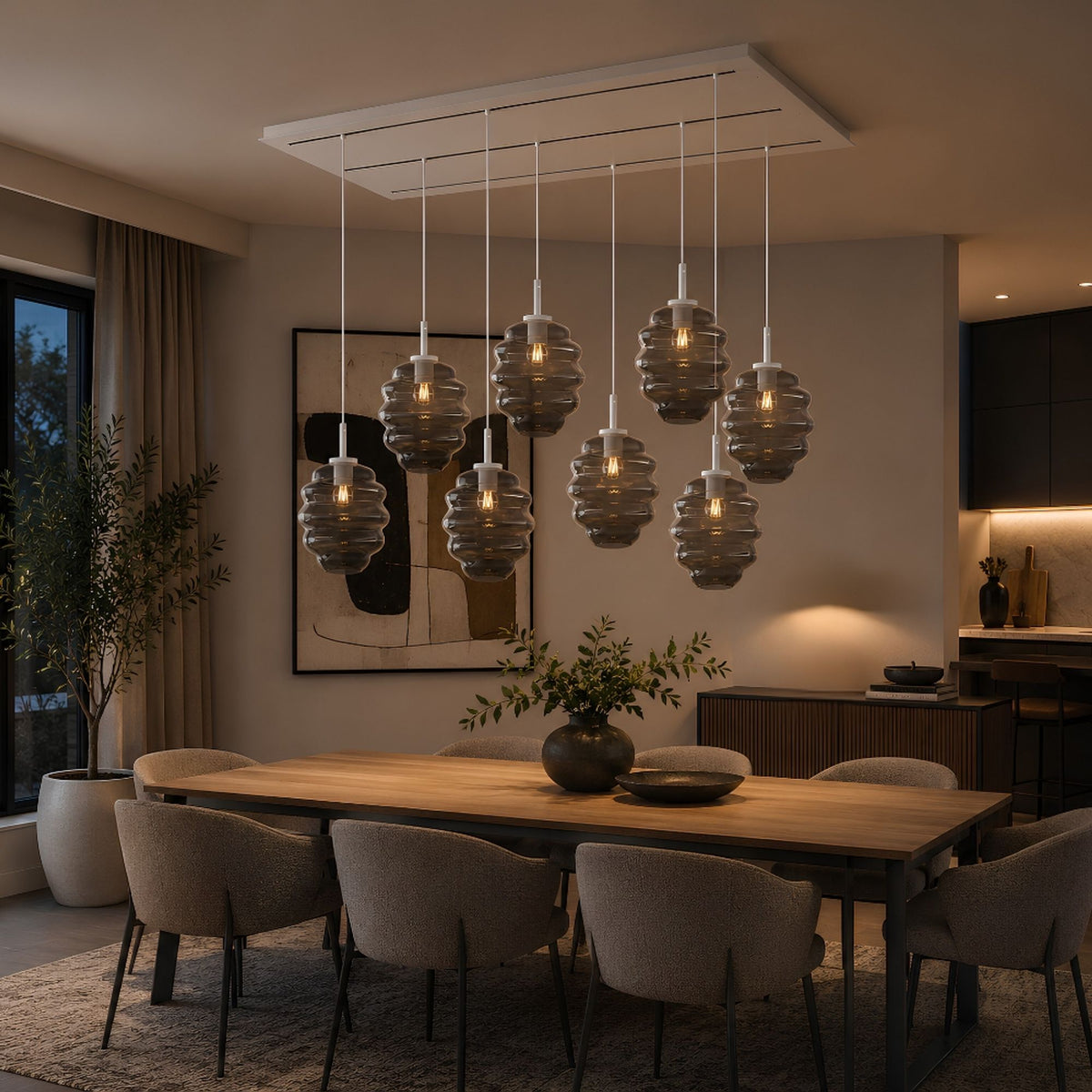 Suspension de table Echos 8 lumières sur 3 rangées, longueur 200 cm, verres Ø 25 cm