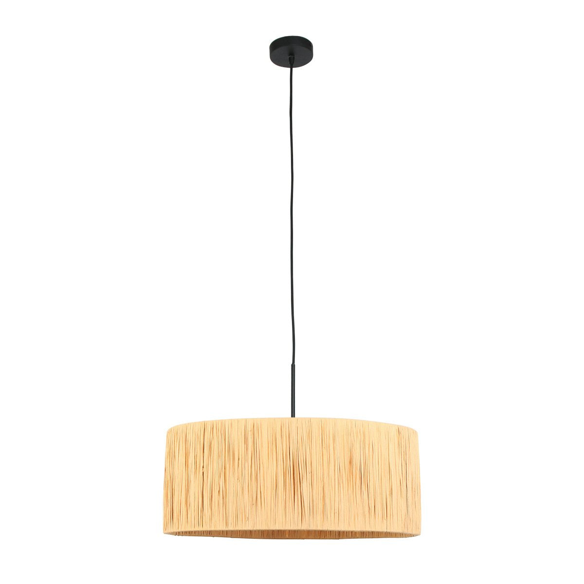 Vue de face du luminaire suspendu avec abat-jour cylindrique beige en fibres tressées